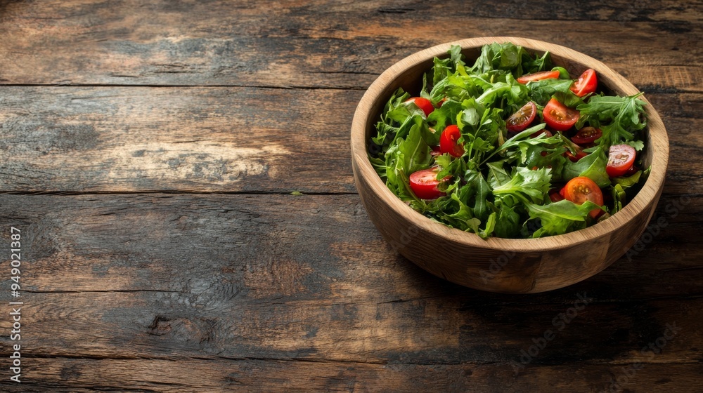 Rustic Wooden Table with Fresh Salad Bowl Rustic Wooden Table with Fresh Salad Bowl