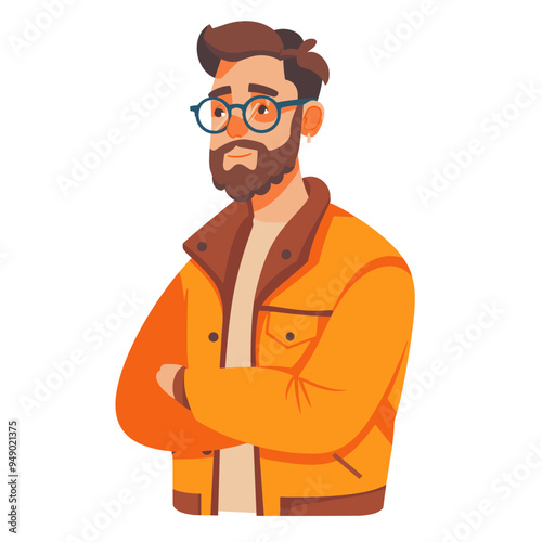 A man with glasses and a beard is wearing an orange jacket. He is looking at the camera with a serious expression