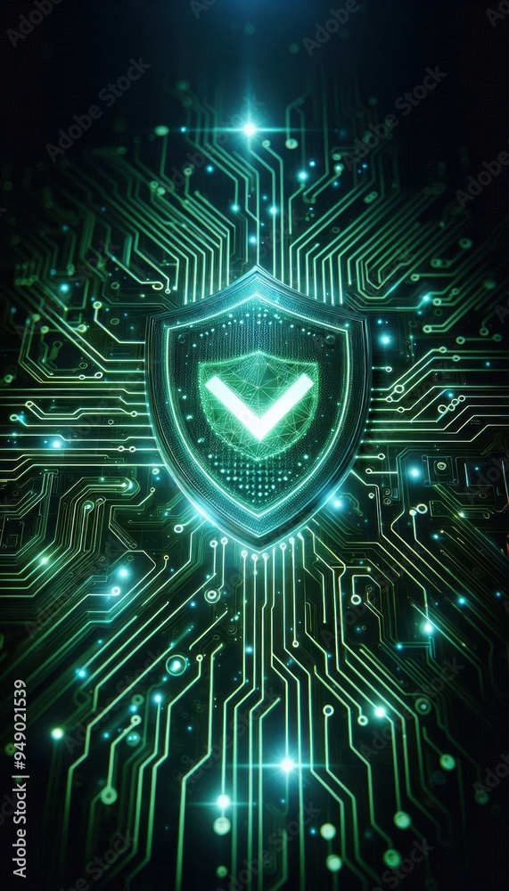 Fototapeta premium A green cyber security shield icon glowing on a black background with digital data and network connection technology concept