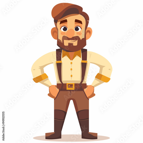 A man with a beard and suspenders stands with his hands on his hips. He has a serious expression on his face