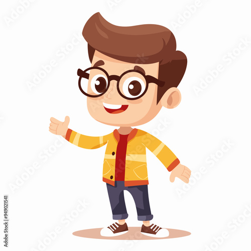 A young man in glasses is smiling and pointing to the camera. He is wearing a yellow jacket and blue jeans