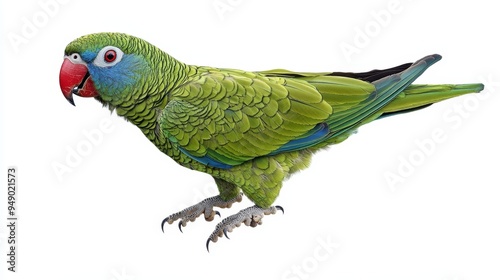 The blue-naped parrot (Tanygnathus lucionensis), a vibrant bird from the Philippines, sports a green plumage, a striking red beak, and a distinctive light blue patch adorning the back of its head. photo