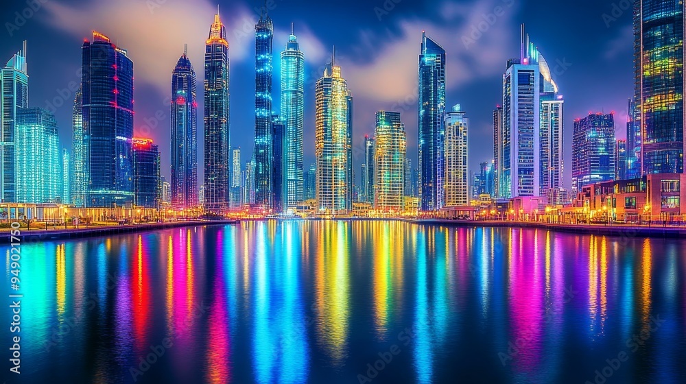 Fototapeta premium The glittering skyscrapers and vibrant lights of Dubai's Business Bay district create a breathtaking cityscape.