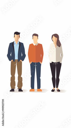 Three people standing in a line, one of them wearing a blue jacket. The man in the orange shirt is the tallest