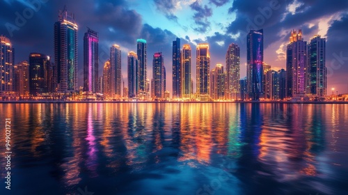 The glittering skyscrapers and vibrant lights of Dubai's Business Bay district create a breathtaking cityscape.