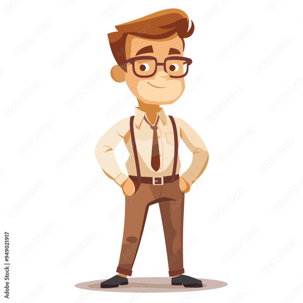 A man in glasses and a tie stands with his hands on his hips. He is smiling and he is confident A man in glasses and a tie stands with his hands on his hips. He is smiling and he is confident