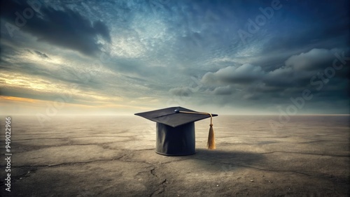 Alone on a desolate background, a solitary graduation cap and gown sit abandoned, symbolizing achievement and loneliness in a stark, eerie, and deserted atmosphere. photo