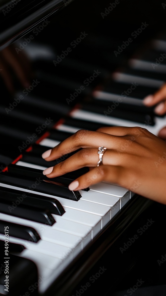 Obraz premium A woman's hand with a ring on her finger playing a piano