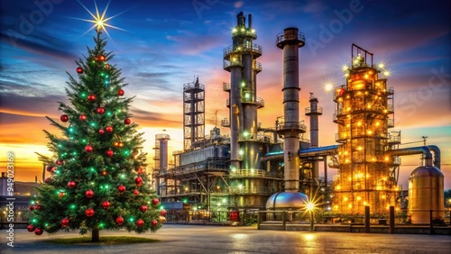 A majestic Christmas tree stands tall in an oil refinery's industrial landscape, decorated with lights and ornaments, amidst towering steel machinery and pipelines. photo