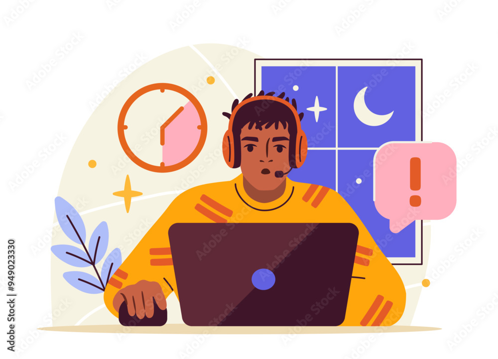 Internet addiction poster. Man sitting with computer. Mental illness and psychological problems. Young guy addicted to computer games. Flat vector illustration isolated on white background Internet addiction poster. Man sitting with computer. Mental illness and psychological problems. Young guy addicted to computer games. Flat vector illustration isolated on white background