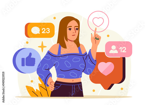 Internet addiction poster. Woman stands near reactions and emojies. Girl depends on public opinion on social networks. Psychological problems. Flat vector illustration isolated on white background