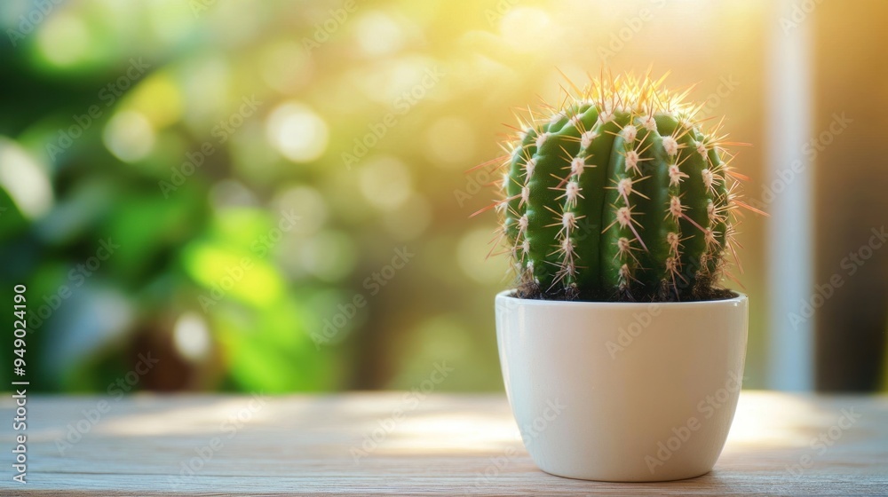 Cactus in a White Pot on a Wooden Table Cactus in a White Pot on a Wooden Table