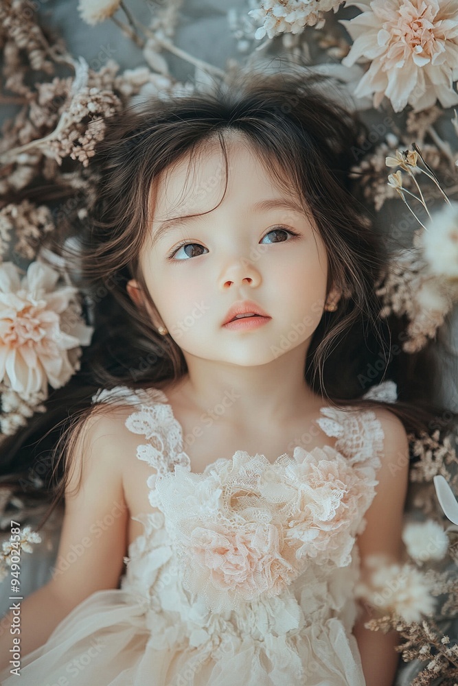 Enchanting Portrait of a Young Girl Surrounded by Floral Elegance Enchanting Portrait of a Young Girl Surrounded by Floral Elegance