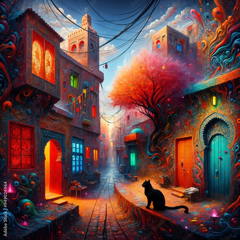 Φωτογραφία Vibrant colors illuminate a mystical Moroccan street scene featuring intricate buildings and a black cat