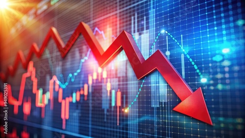 A red arrow plunges downward, surrounded by a blurred background of financial charts and graphs, highlighting a sharp decline in percentage or market value. photo