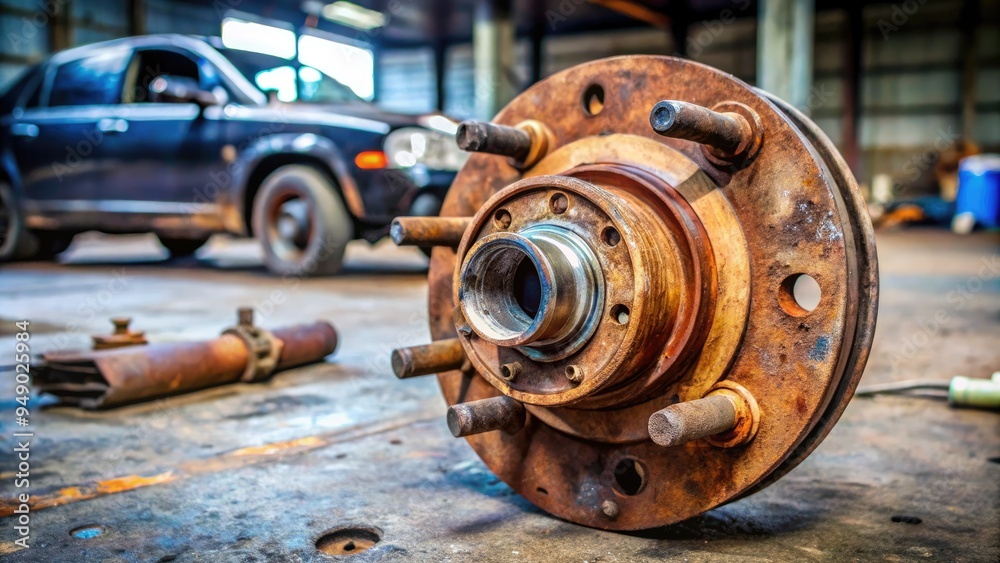 A rusty old wheel hub assembly removed from a vehicle, showcasing worn-out wheel bearings, brake rotor, and hub bolts, with a blurred garage background. A rusty old wheel hub assembly removed from a vehicle, showcasing worn-out wheel bearings, brake rotor, and hub bolts, with a blurred garage background.