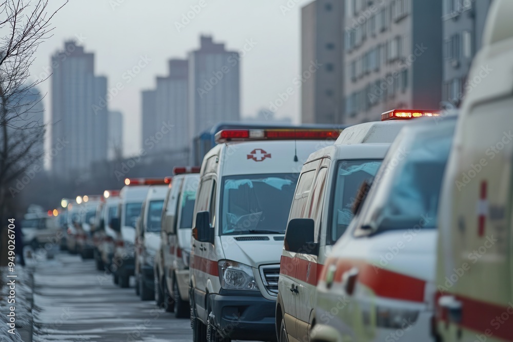 Lines of ambulances wait outside crowded hospitals as medical teams battle to manage a surge of patients during a health emergency. Generative AI Lines of ambulances wait outside crowded hospitals as medical teams battle to manage a surge of patients during a health emergency. Generative AI