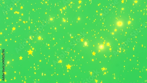 Twinkling and glowing yellow stars are falling like rain on green screen - 3D render
