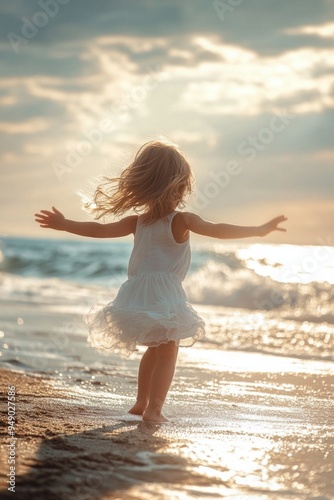 Joyful Child Playing at Sunset on the Beach
