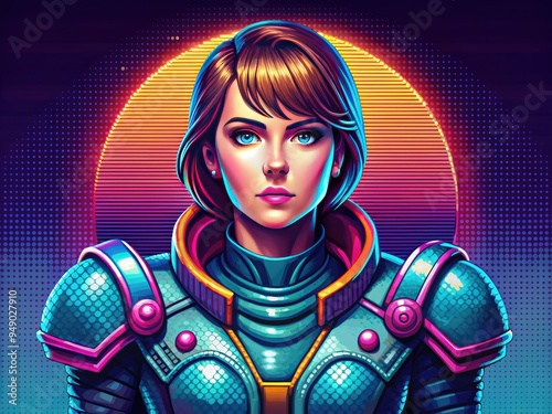 Dystopian Retro Gaming Pixel Art with Round Shoulder Pads and Vibrant Color Palette photo