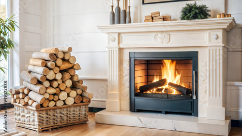 Cozy Living Room Fireplace with Stack of Firewood photo