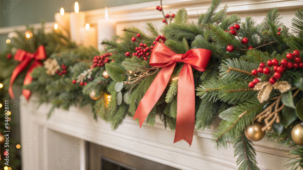 Christmas Garland with Red Ribbons and Pine Cones on Fireplace Mantel Christmas Garland with Red Ribbons and Pine Cones on Fireplace Mantel