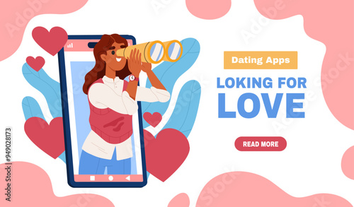 Woman looking for love. Young girl with binoculars at smartphone screen. Mobile application for romantic dates and meetings online. Landing webpage design. Flat vector illustration