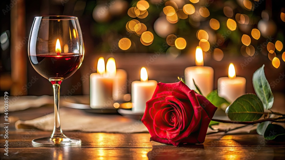 a solitary, long-stemmed red rose adorns a candlelit dinner table, paired with a glass of rich, velvety wine and exquisite fine dining. a solitary, long-stemmed red rose adorns a candlelit dinner table, paired with a glass of rich, velvety wine and exquisite fine dining.