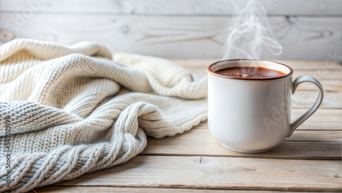 Hot coffee in a mug with a cozy blanket on a wooden table for a warm winter morning