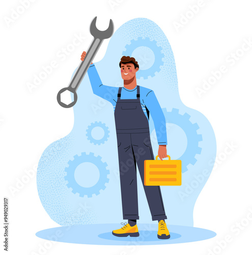 Maintenance worker concept. Man in uniform with tool box and wrench. Plumber with equipment to fix problems. Repair at home. Repairman and builder. Flat vector illustration