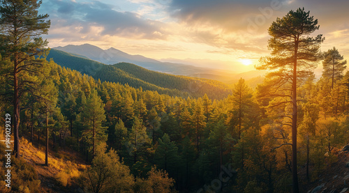 Panoramic photograph of a pine forest in the mountains on a sunset evening, green and yellow colors in the light, autumn in its original form