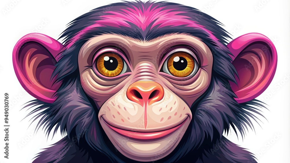 A vibrant, stylized vector illustration of a curious monkey's facial expression, featuring bright eyes, pink nose, and playful smile, set against a white background. A vibrant, stylized vector illustration of a curious monkey's facial expression, featuring bright eyes, pink nose, and playful smile, set against a white background.