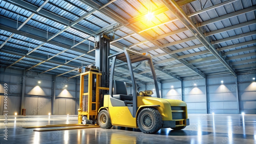 A yellow forklift sits stationary, its metal body and forks gleaming under bright overhead lights, awaiting thorough safety inspection in a spacious warehouse setting. A yellow forklift sits stationary, its metal body and forks gleaming under bright overhead lights, awaiting thorough safety inspection in a spacious warehouse setting.