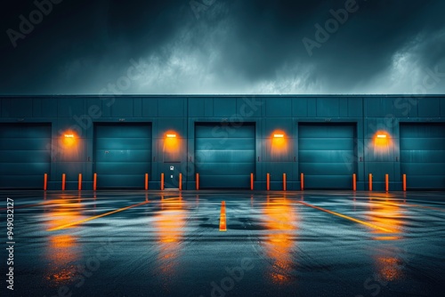 Industrial Building with Garage Doors and Wet Pavement