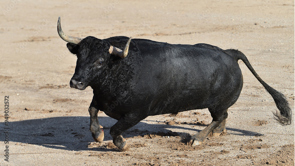 strong black bull with big horns in spain