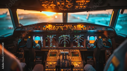 Close-up of the cockpit of the aircraft with a variety of instruments and screens