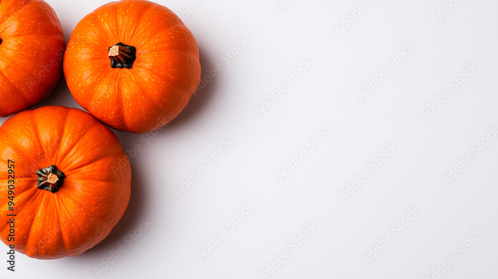Three Orange Pumpkins on White Background, Autumn Theme Three Orange Pumpkins on White Background, Autumn Theme