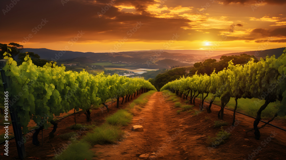 Fototapeta premium Aesthetically Captivating Vineyard: The Majestic Domain of Grapevines Under the Warm Hues of the Setting Sun
