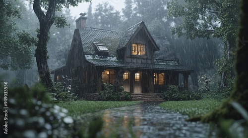 A cozy house in the woods, it's raining and there is fog around. Generative AI photo