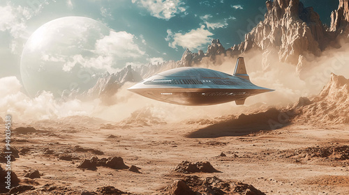 Fototapeta Naklejka Na Ścianę i Meble -  A CGI-created alien spaceship landing on a barren exoplanet, with detailed surface textures, atmospheric effects, and alien flora 