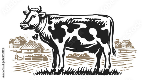 Farm cow grazing in meadow with village in the background. Dairy farm, hand drawn sketch vector illustration