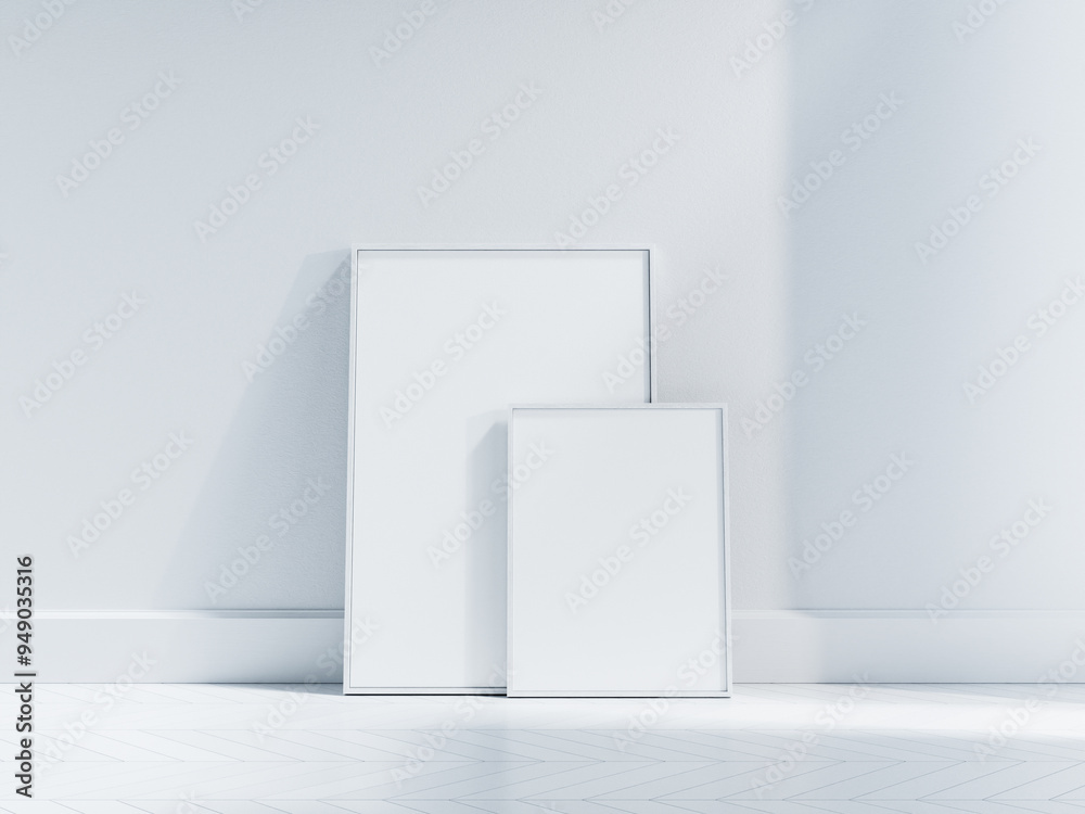Blank Framed Poster Mockup Leaning Against Wall in Minimalist Interior Blank Framed Poster Mockup Leaning Against Wall in Minimalist Interior