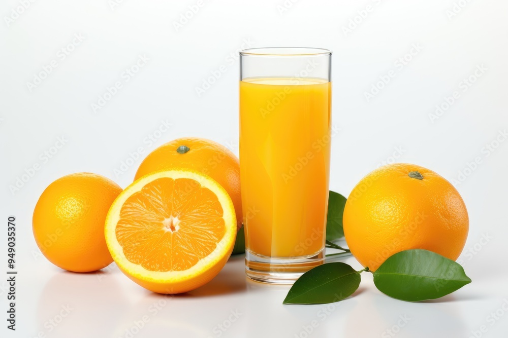 Glass of 100% Orange juice with orange sacs and slices fruits isolate on white background. Glass of 100% Orange juice with orange sacs and slices fruits isolate on white background.