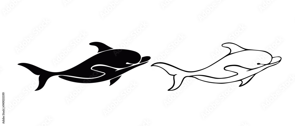Line sketch,silhouette,stamp of marine mammal dolphin.Vector graphics. Line sketch,silhouette,stamp of marine mammal dolphin.Vector graphics.