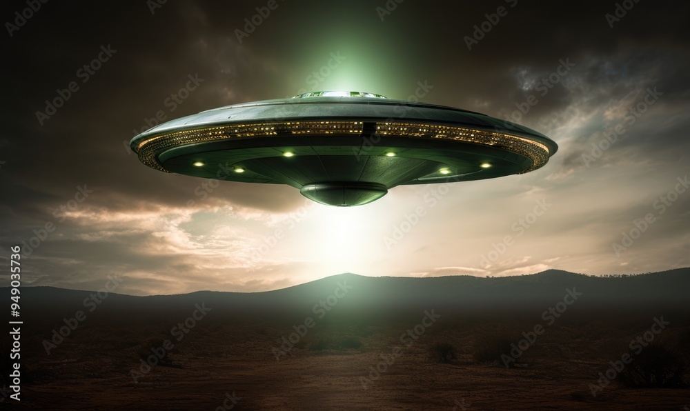 UFO. Alien spaceship among clouds in sky. Extraterrestrial visitors UFO. Alien spaceship among clouds in sky. Extraterrestrial visitors