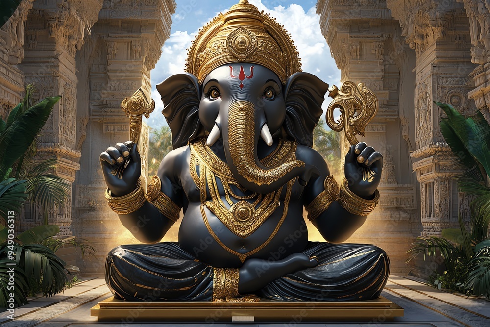 Fototapeta premium Ganesh Chaturthi at a heritage site, depicted in an artwork where an ancient temple becomes the center of the celebrations, with the Ganesha idol placed in a historic setting, blending culture