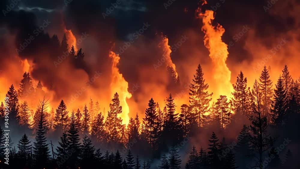 Forest fire raging through pine trees at night, environmental disaster concept. Forest fire raging through pine trees at night, environmental disaster concept.