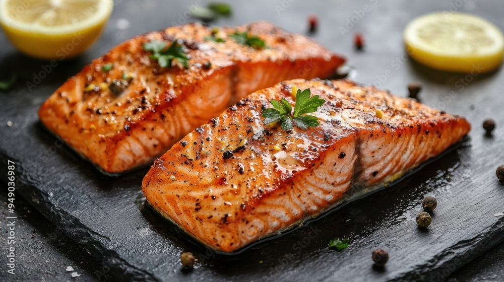 Succulent Salmon Fillet with Crispy Skin and Lemon Butter Sauce - Delicate and Flavorful Seafood Dish Succulent Salmon Fillet with Crispy Skin and Lemon Butter Sauce - Delicate and Flavorful Seafood Dish