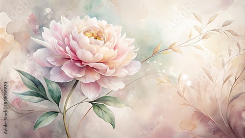 Delicate hand-drawn floral illustration on subtle watercolor background, featuring a blooming peony amidst swirling abstract shapes, soft colors, and whimsical textures.