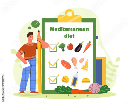 Man with mediterraanean diet. Young guy with natural and organic products with vitamins. Vegetables, meat and oils. Proper nutrition and healthy lifestyle. Flat vector illustration